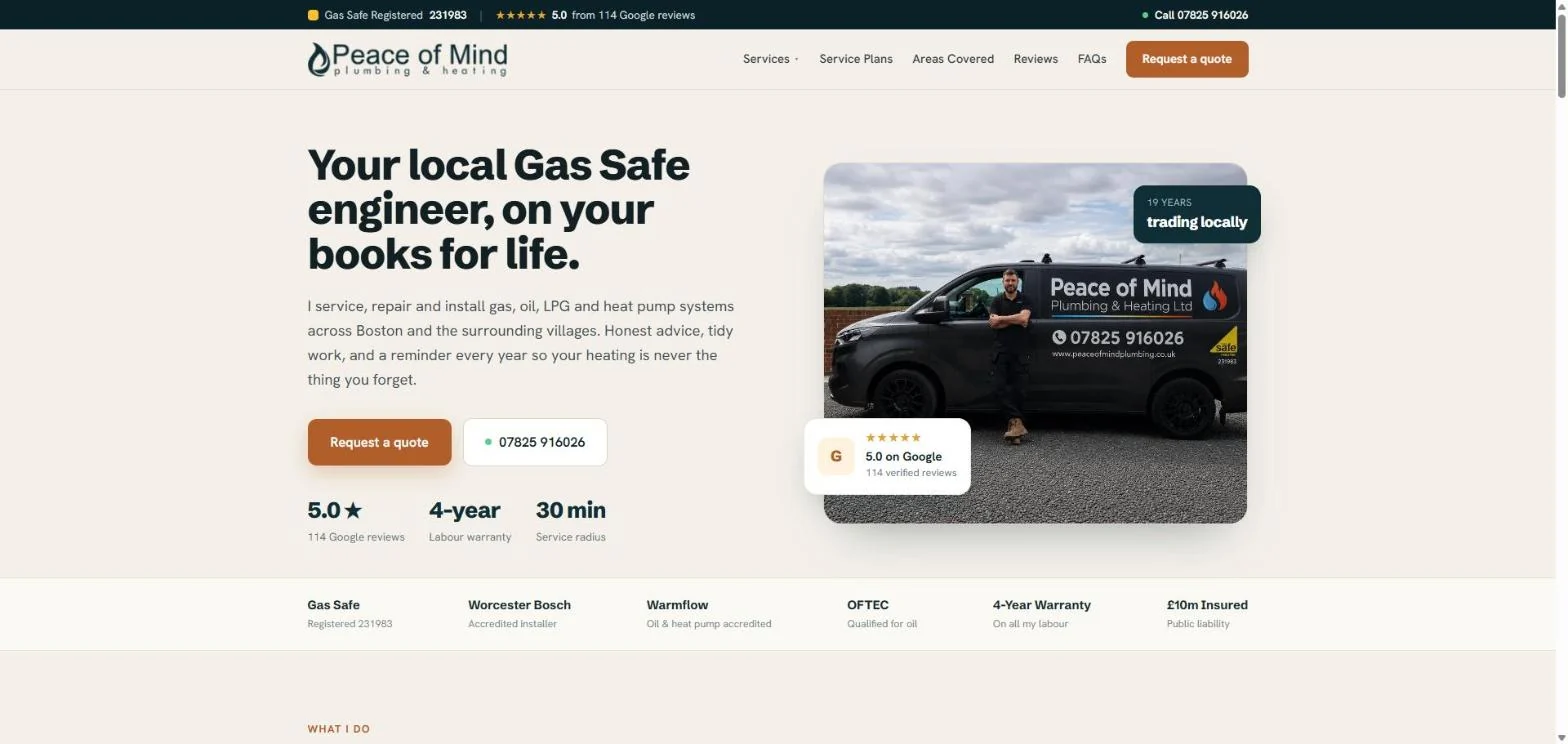 Peace of Mind Plumbing homepage